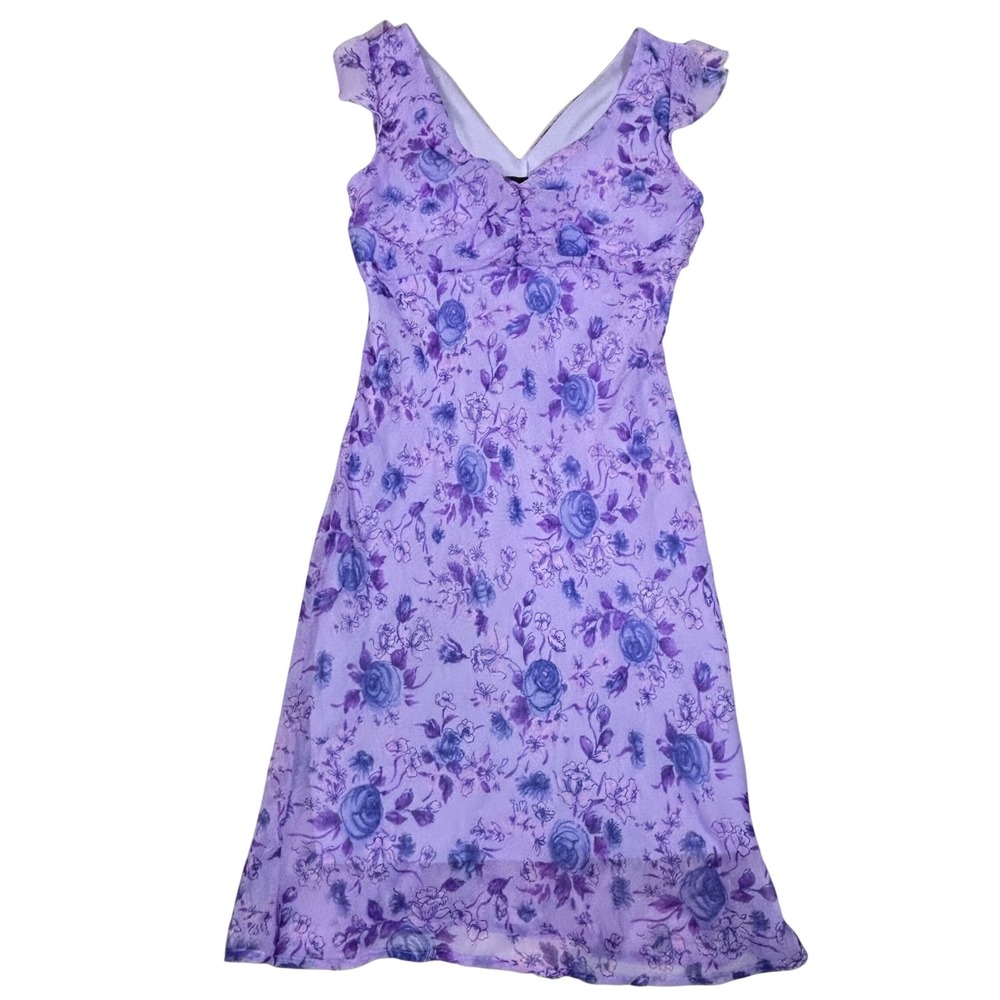 My Michelle Purple Blue Rose Floral Flutter Sleeve Midi Y2K Fairy Dress Sz 9/10